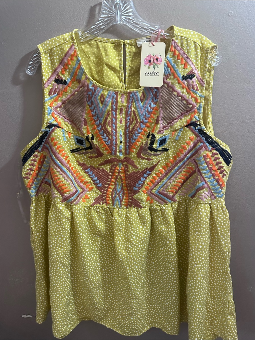 entro Yellow Polka Dot Embroidered Tank XL NWT